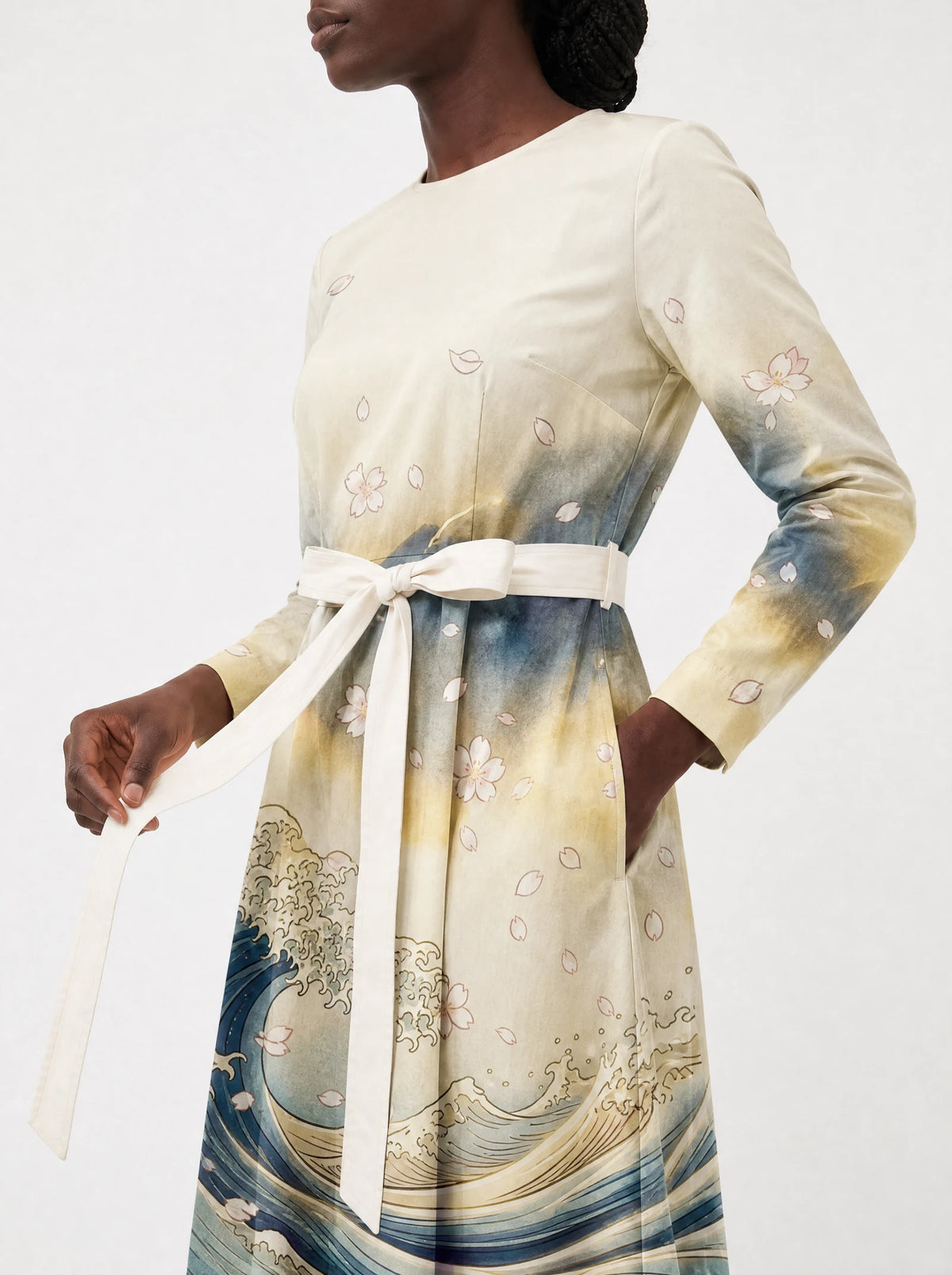 "Wimbi" Long Sleeve Midaxi Dress — close-up of the tie sash and the in-seam side pocket