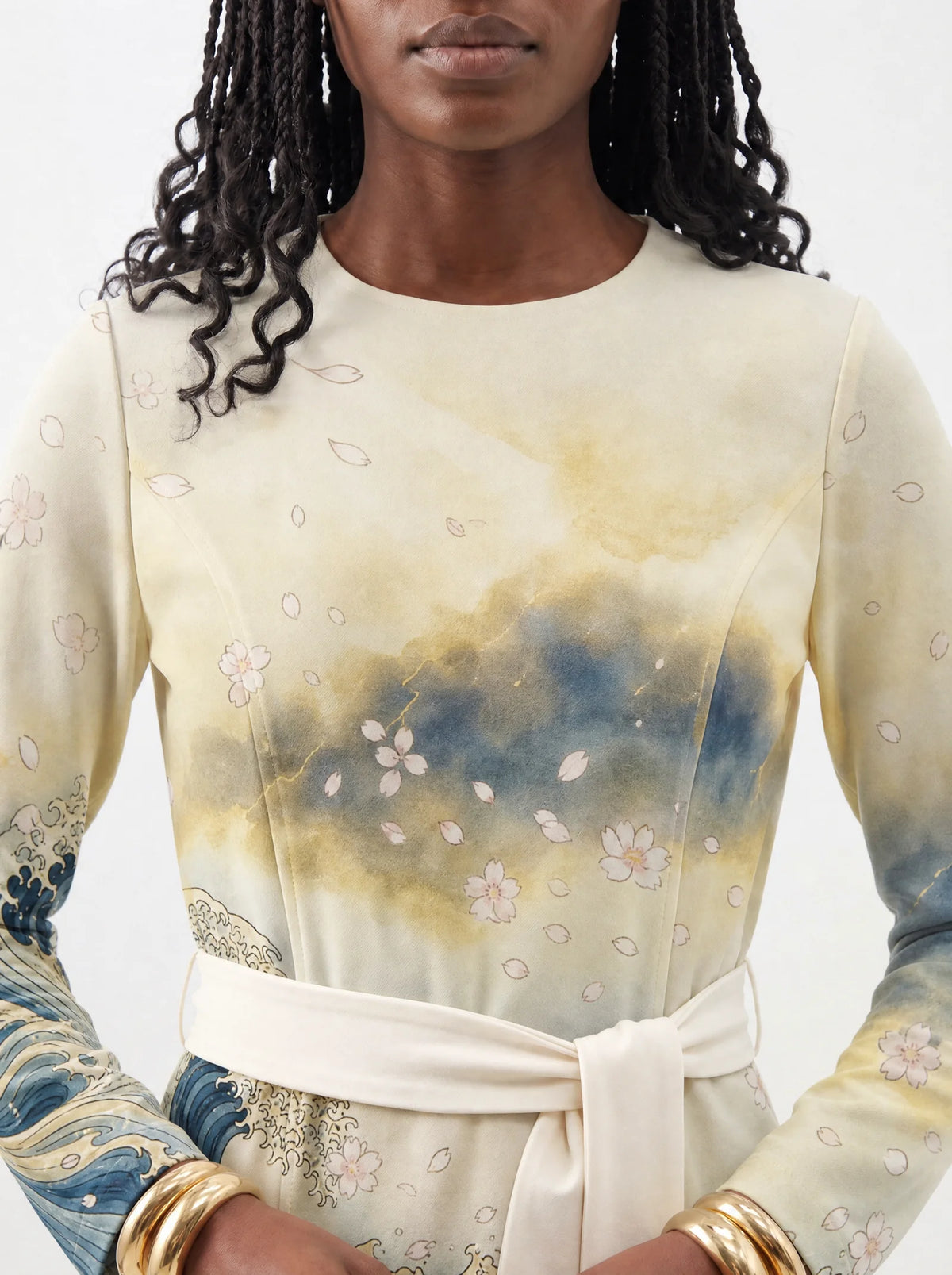 "Wimbi" Long Sleeve Midaxi Dress — close-up of the round neckline and long sleeve