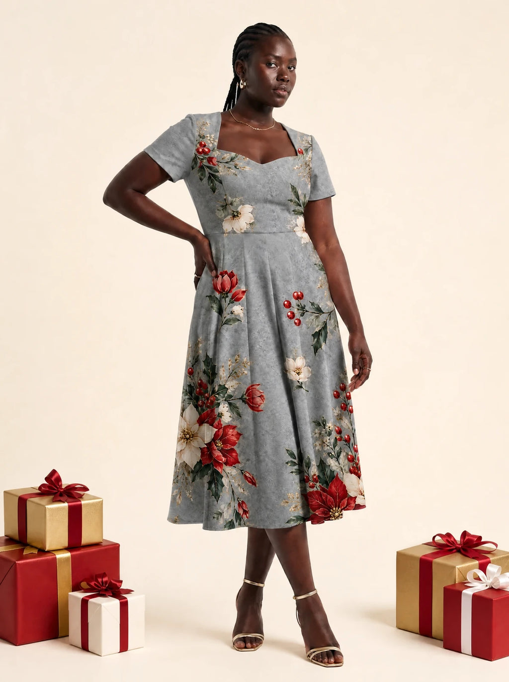 "Wingu" Sweetheart Midi Dress — on model, Christmas backdrop