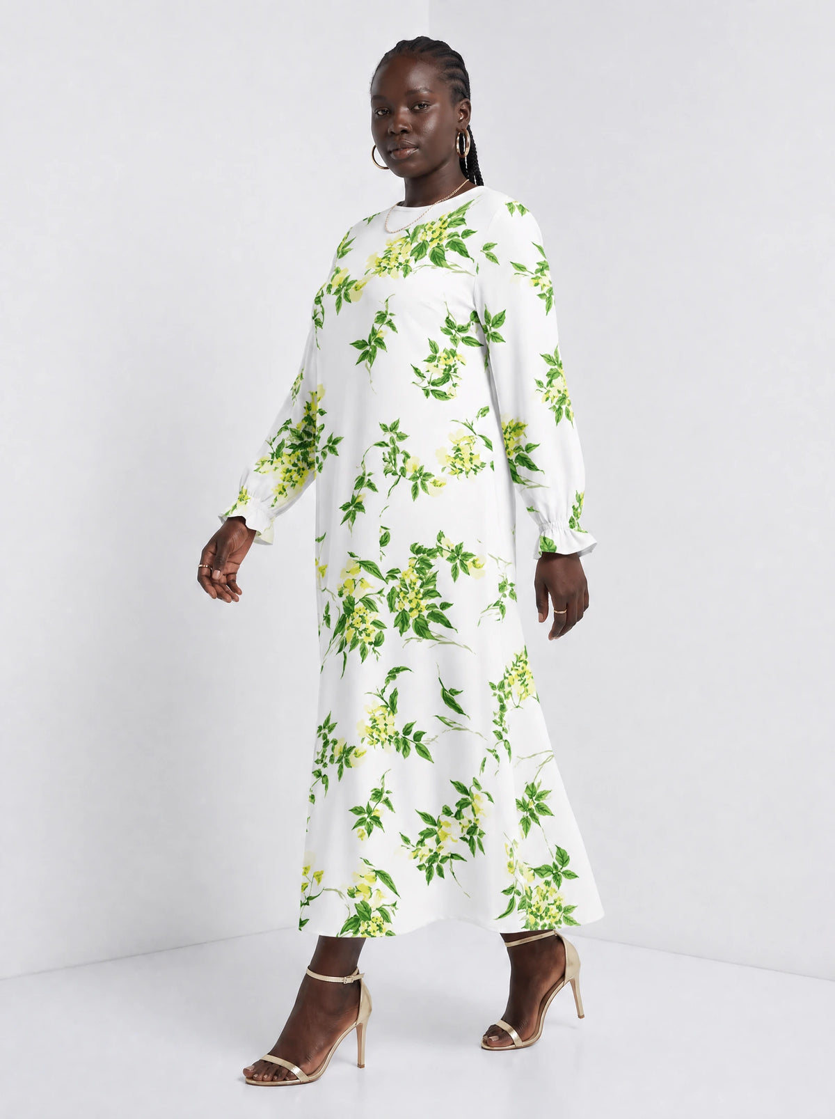 "Yasmini" Long Sleeve Maxi Dress — three-quarter view on model