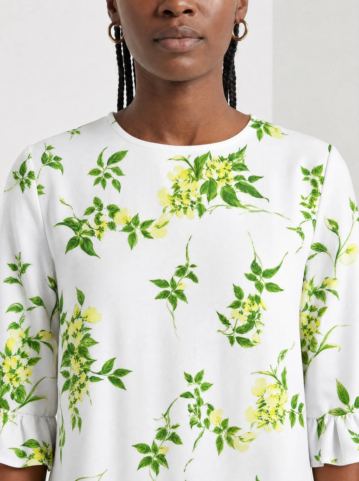 "Yasmini" Long Sleeve Maxi Dress — close-up of the high round neckline