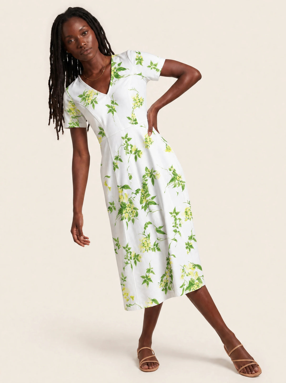 "Yasmini" V Neck Midi Dress — front