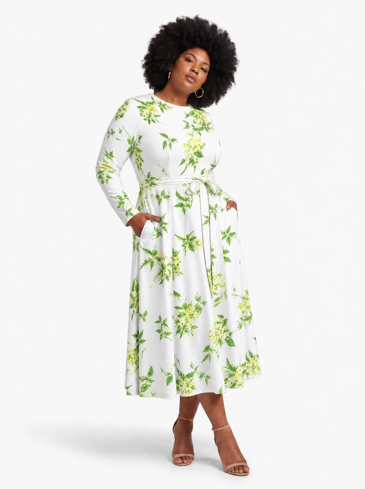 "Yasmini" Long Sleeve Midaxi Dress — three-quarter view on model, hand in the side pocket