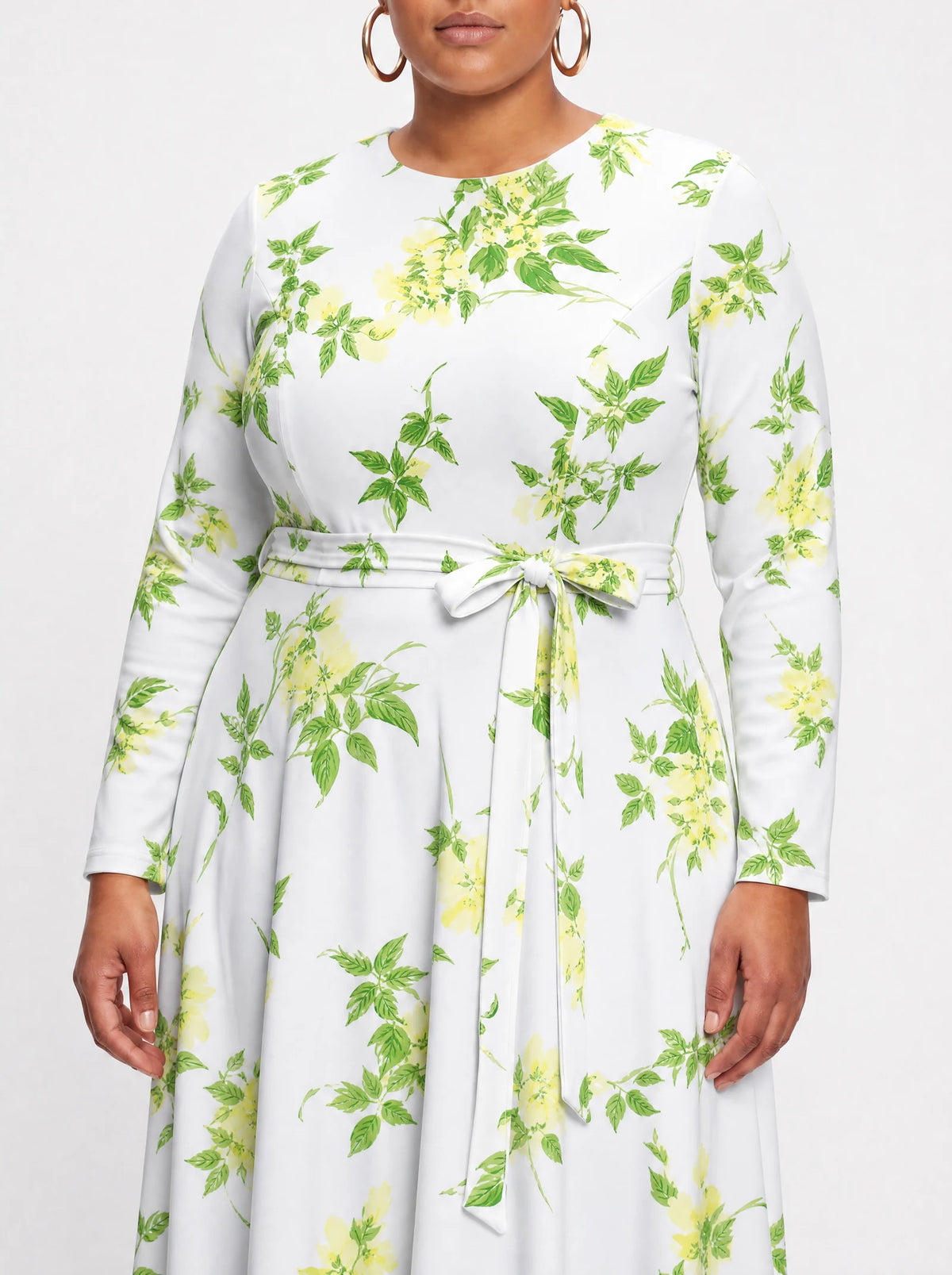 "Yasmini" Long Sleeve Midaxi Dress — close-up of the tie sash and the in-seam side pocket