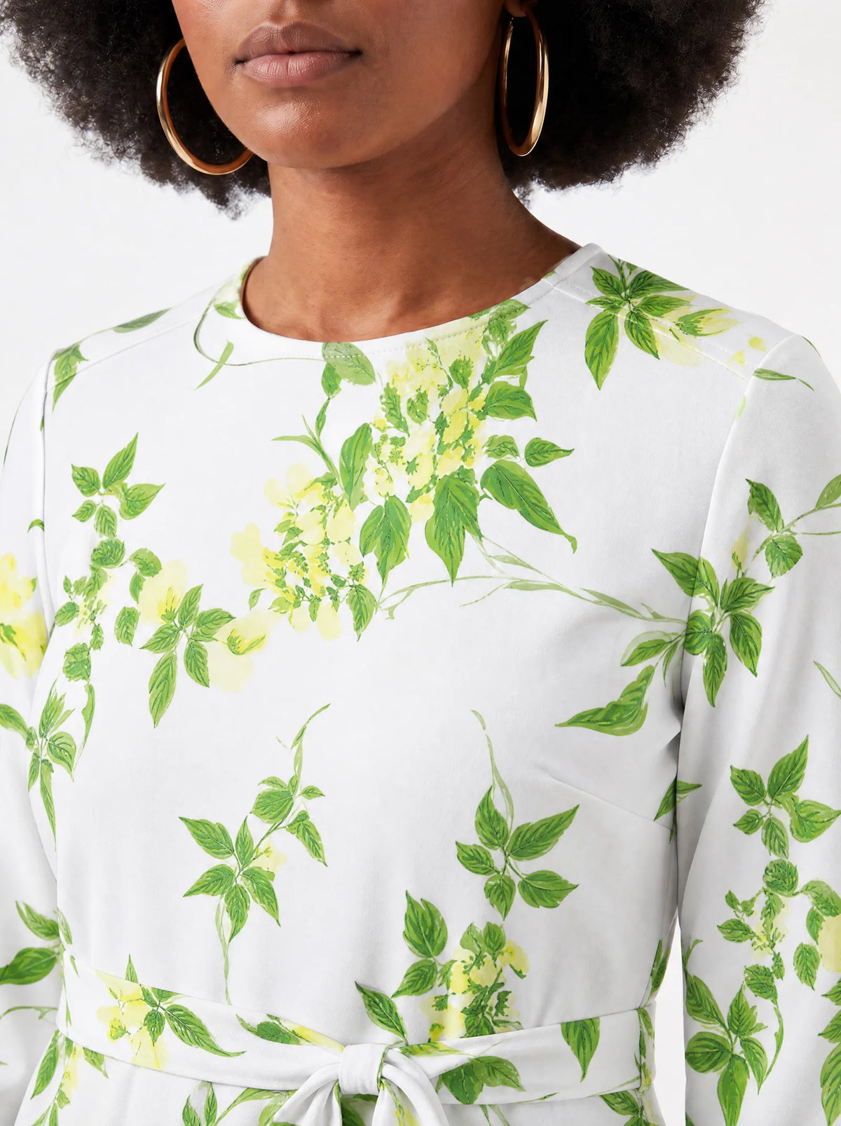 "Yasmini" Long Sleeve Midaxi Dress — close-up of the round neckline and long sleeve