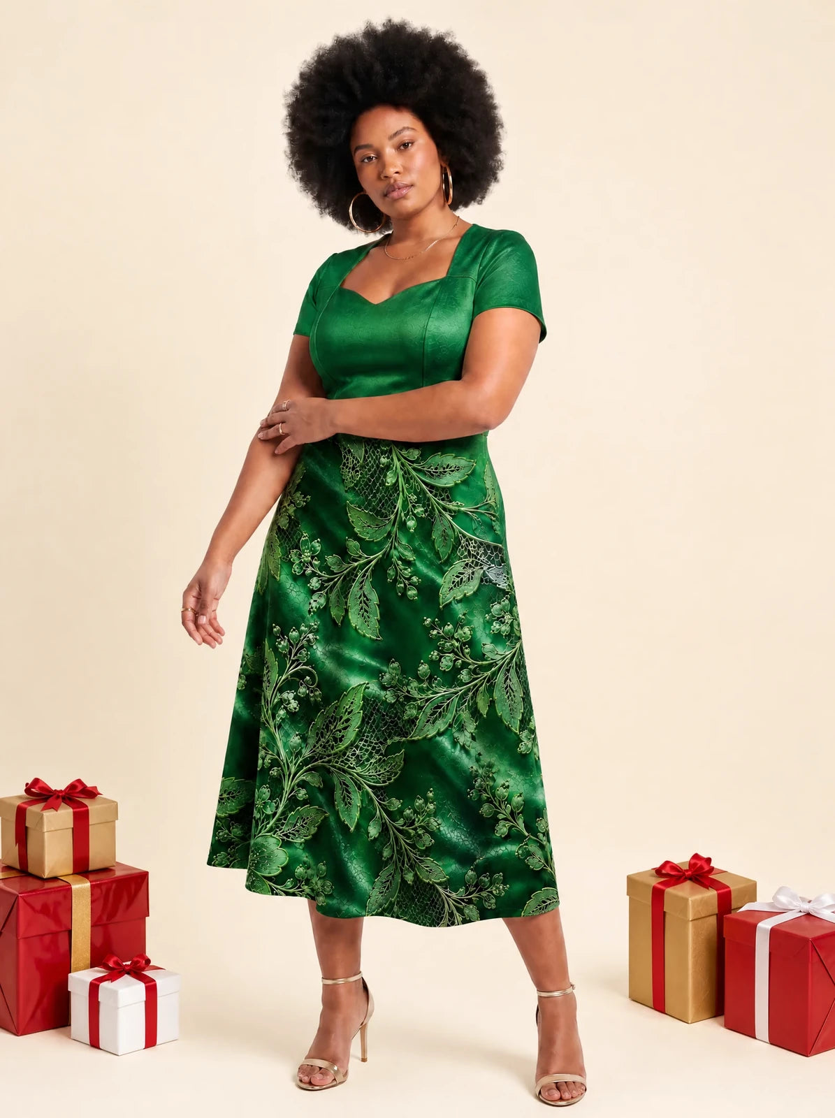 "Zabarajadi" Sweetheart Midi Dress — on model, Christmas backdrop