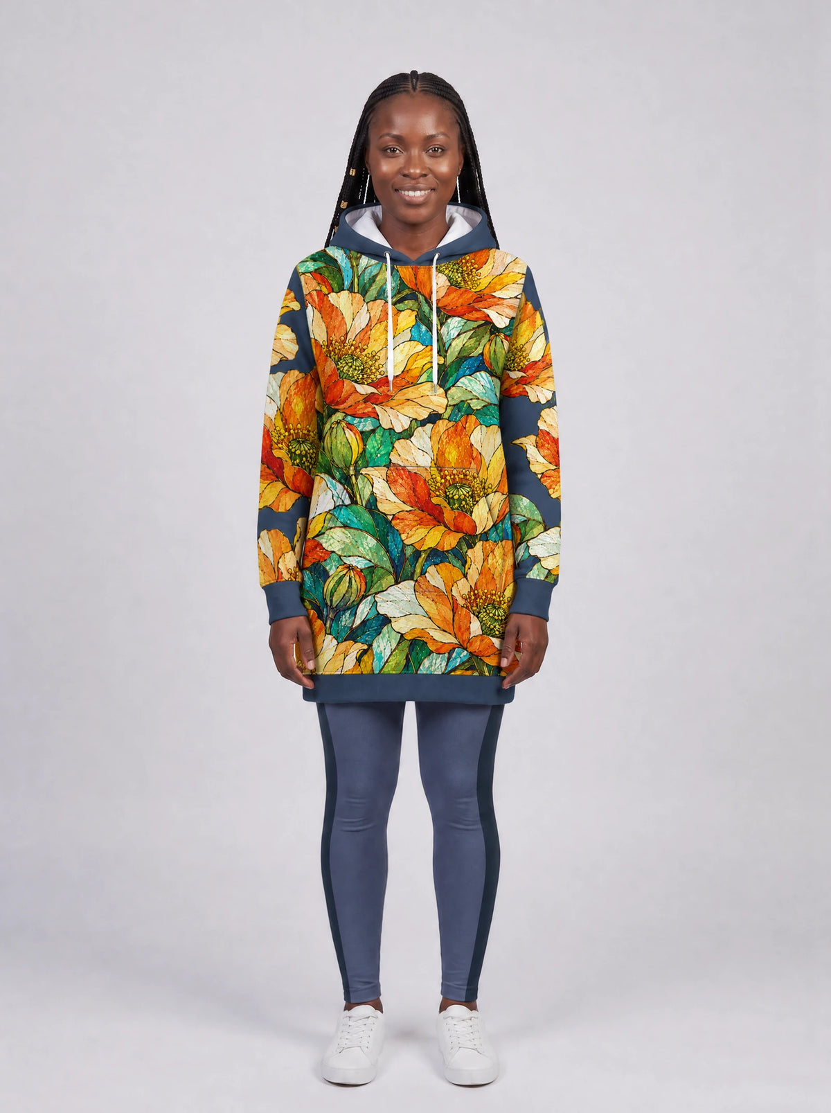 "Zafarani" Hoodie Dress — front view on model, styled with the matching leggings