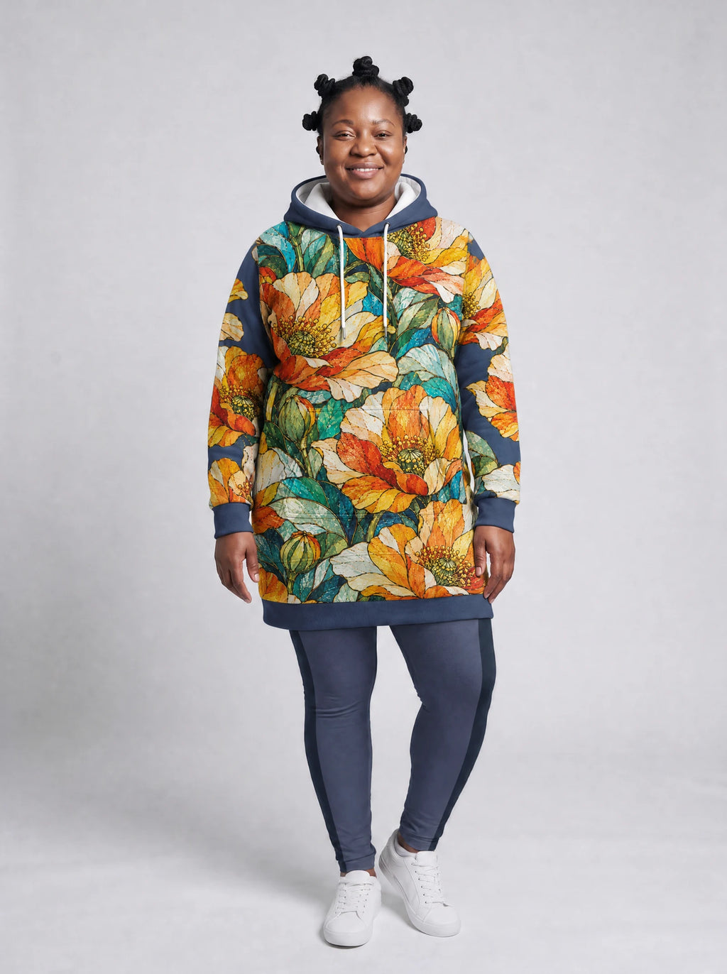 "Zafarani" Hoodie Dress — front view on model, styled with the matching leggings