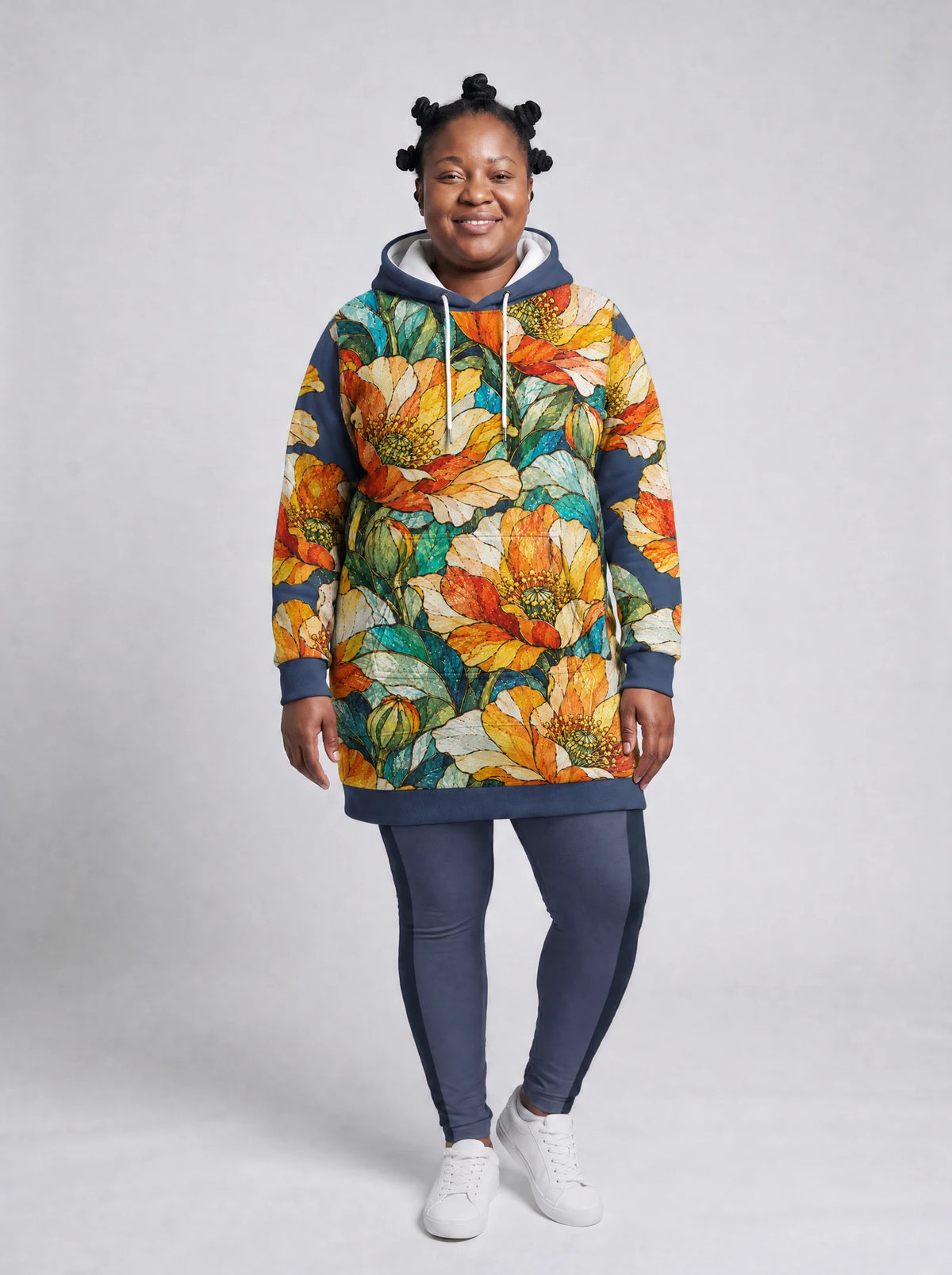 "Zafarani" Hoodie Dress — front view on model, styled with the matching leggings