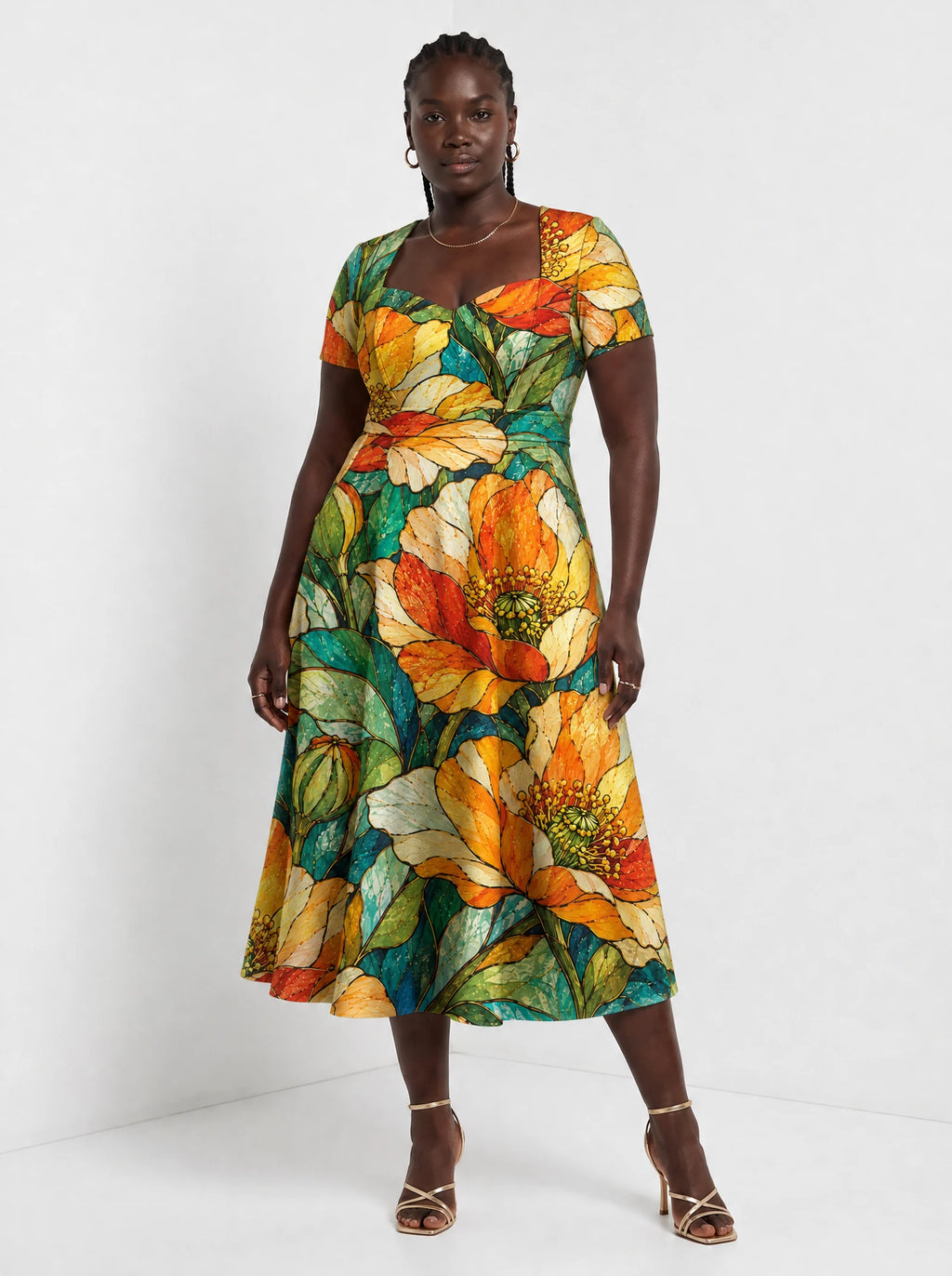 "Zafarani" Sweetheart Midi Dress — front view on model