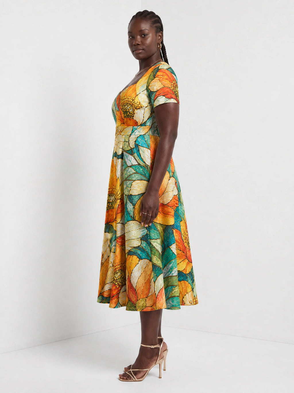 "Zafarani" Sweetheart Midi Dress — side view on model