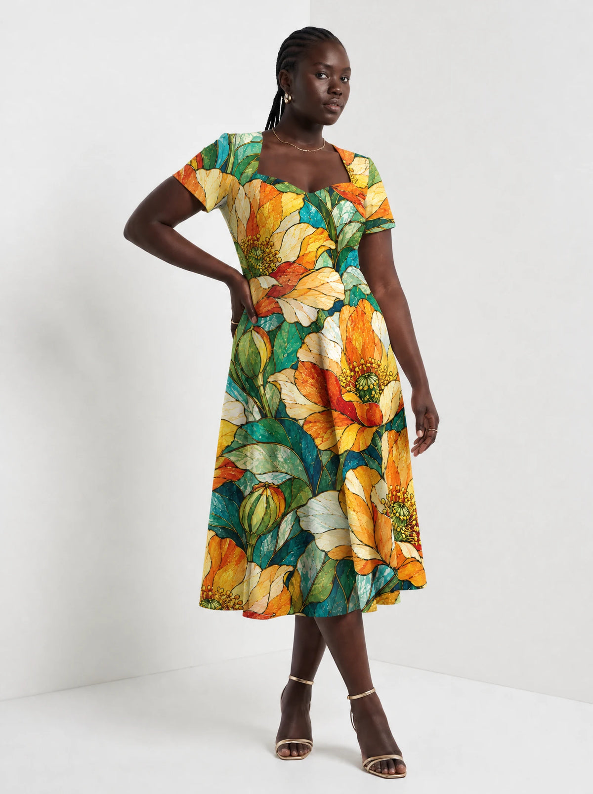 "Zafarani" Sweetheart Midi Dress — styled on model