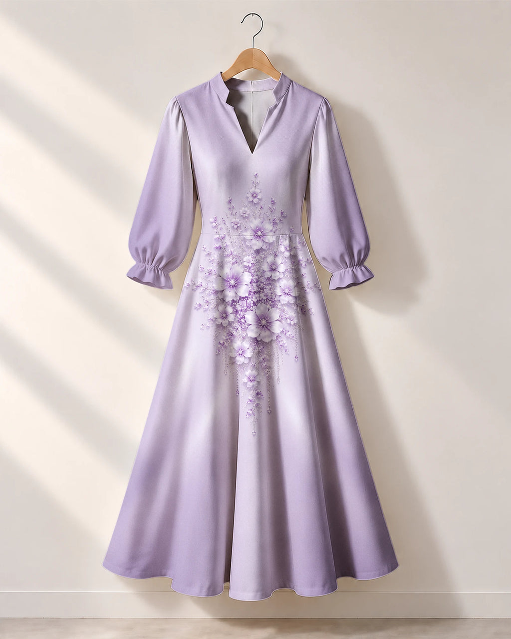 "Zambarau" Long Puff Sleeve Dress — the dress on a hanger, front