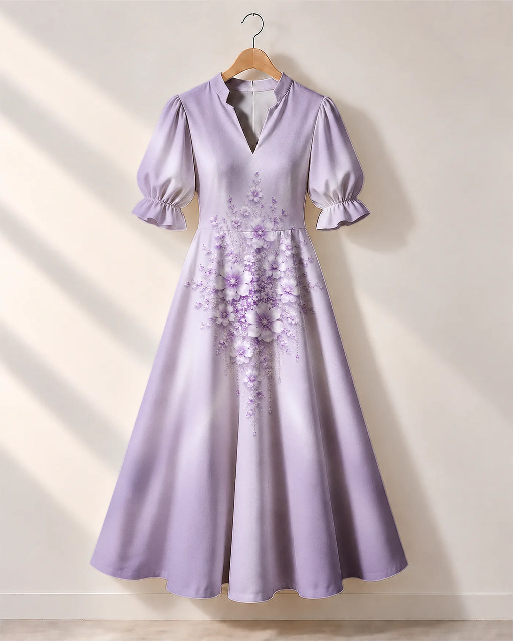 "Zambarau" Puff Sleeve Dress — the dress on a hanger, front