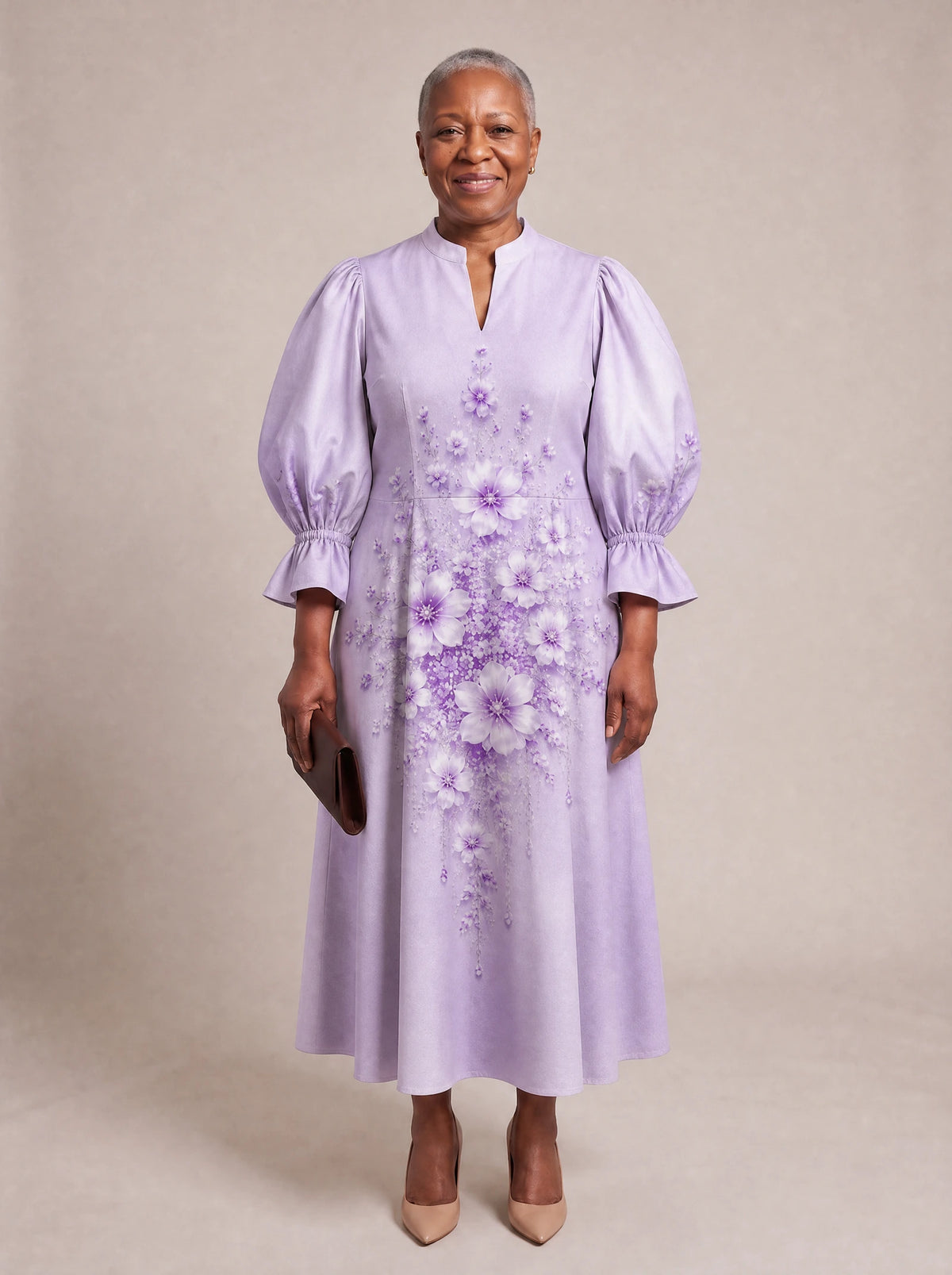 "Zambarau" Puff Sleeve Dress — standing, angled view on model
