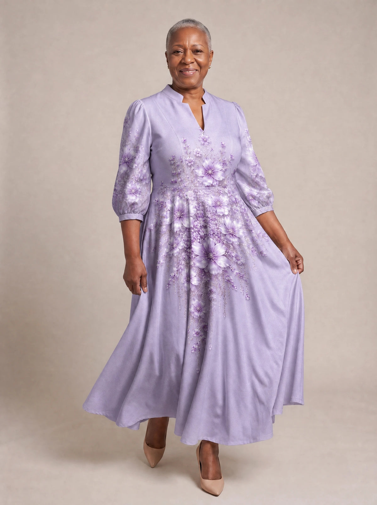 "Zambarau" Puff Sleeve Maxi Dress — walking, three-quarter view on model