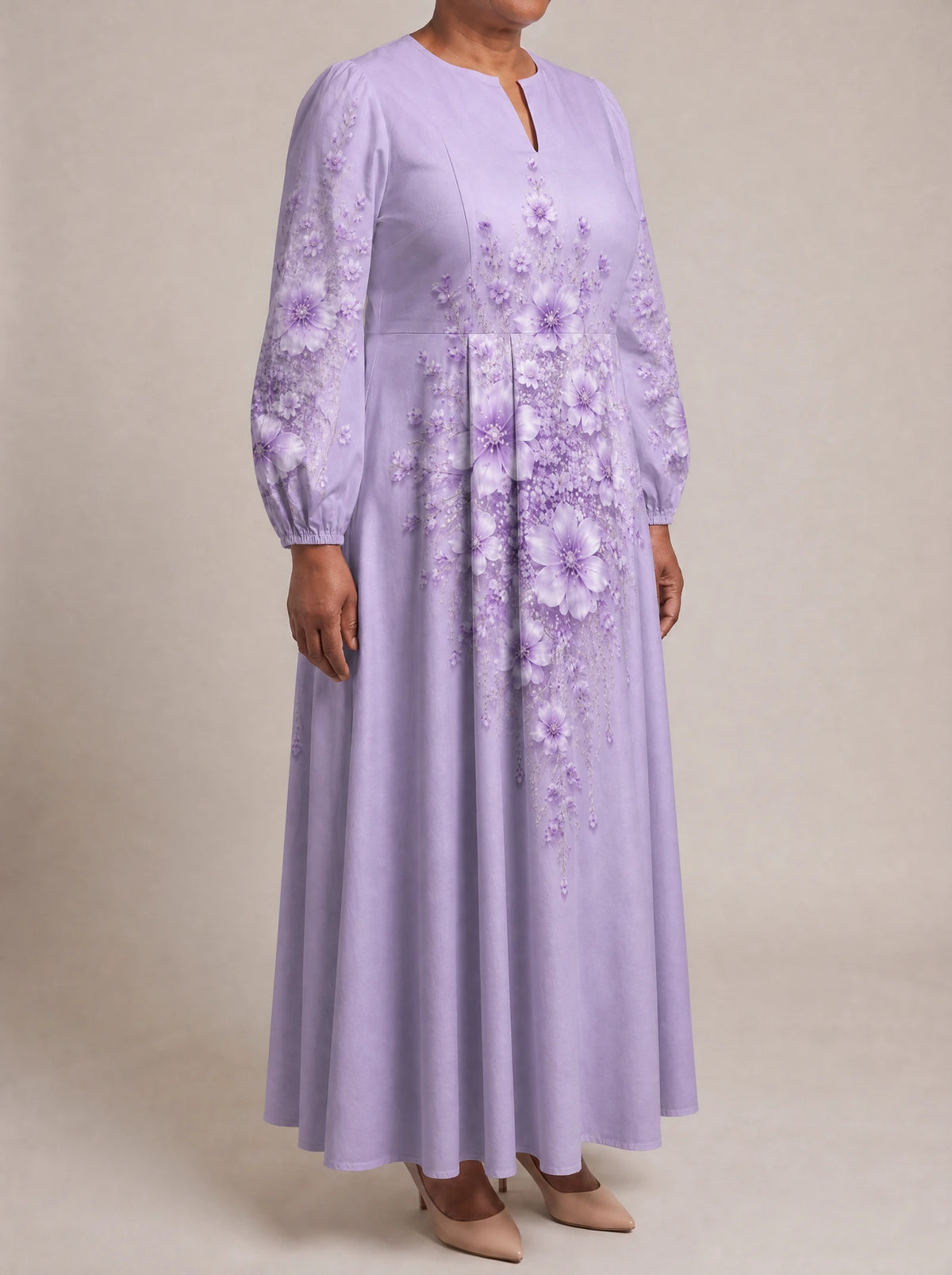 "Zambarau" Puff Sleeve Maxi Dress — three-quarter view on model
