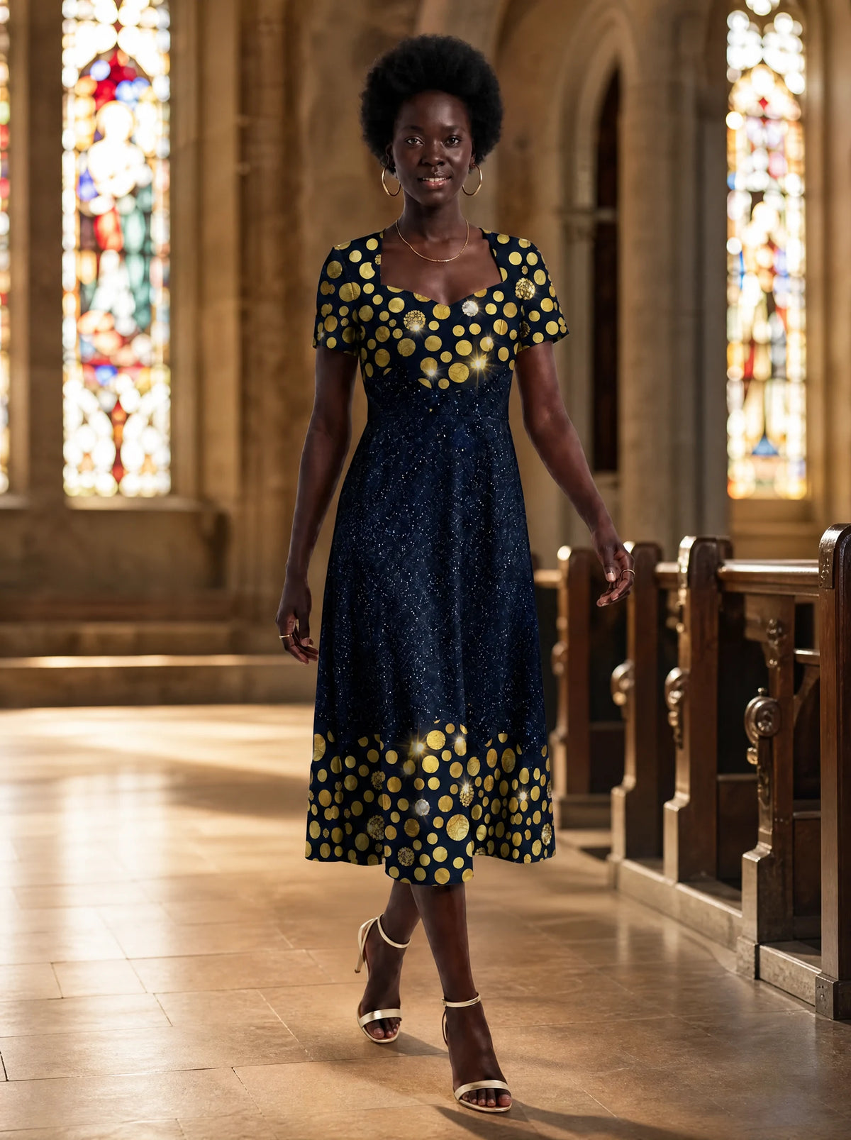 "Zawadi" Sweetheart Midi Dress — on model inside a church