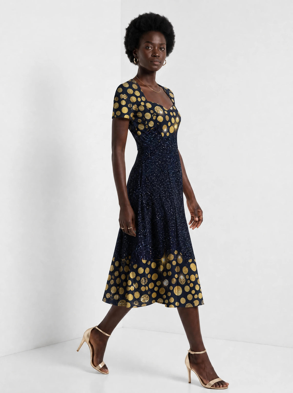 "Zawadi" Sweetheart Midi Dress — walking, three-quarter view on model