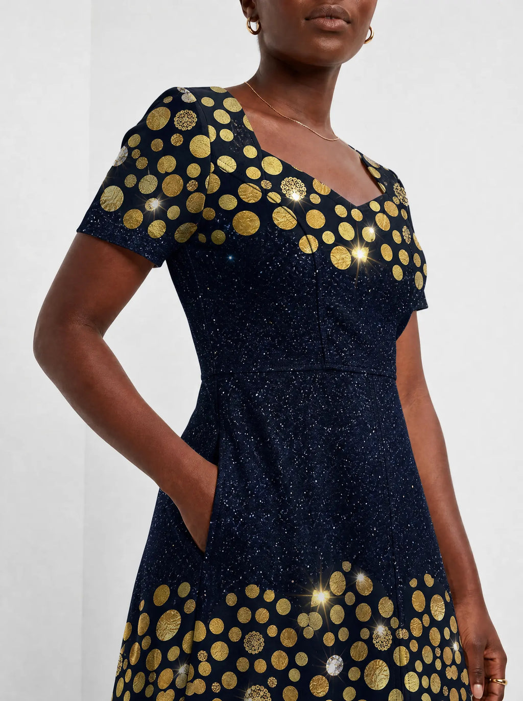 "Zawadi" Sweetheart Midi Dress — standing, angled view on model