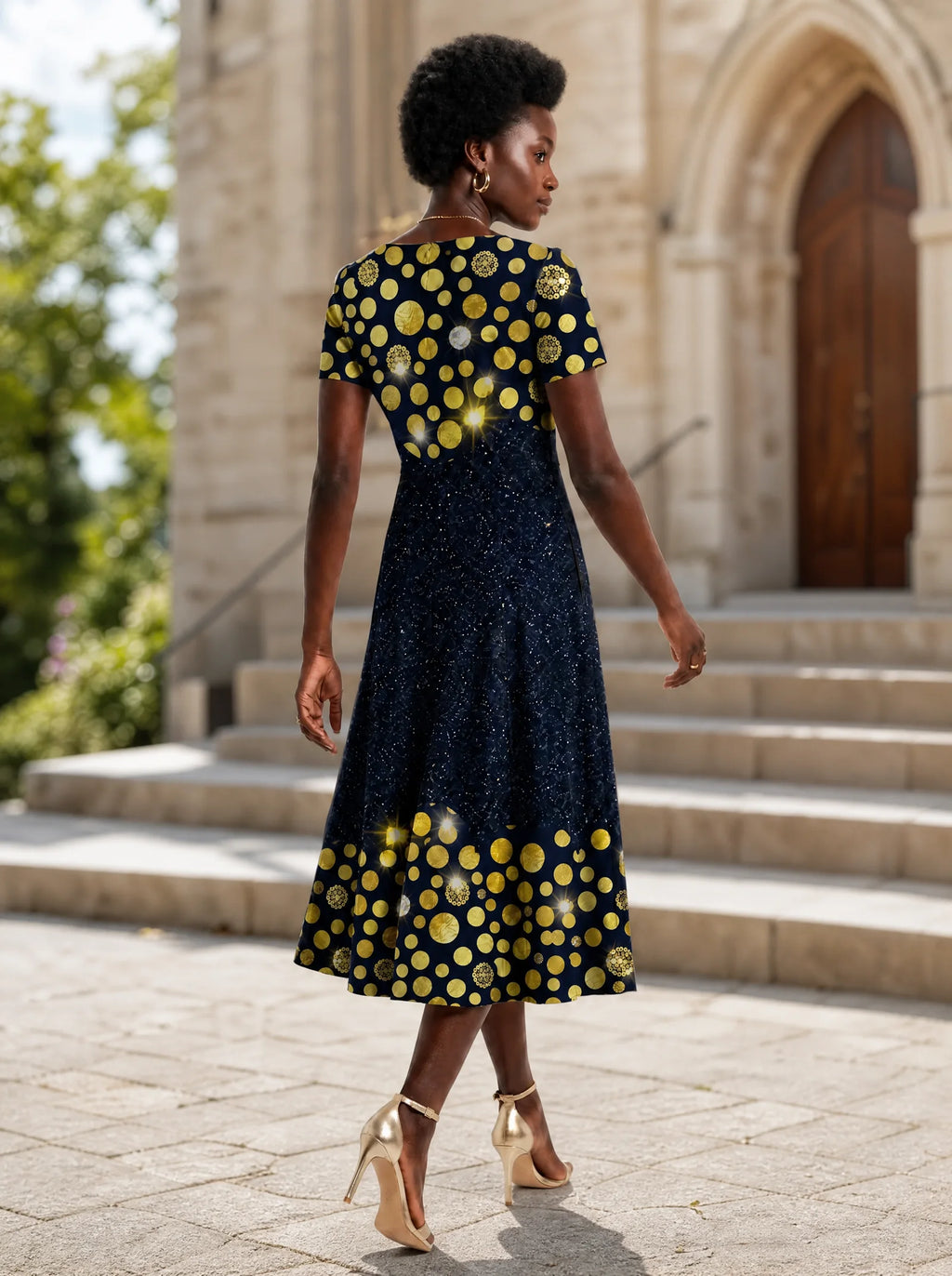 "Zawadi" Sweetheart Midi Dress — back view on model in the churchyard