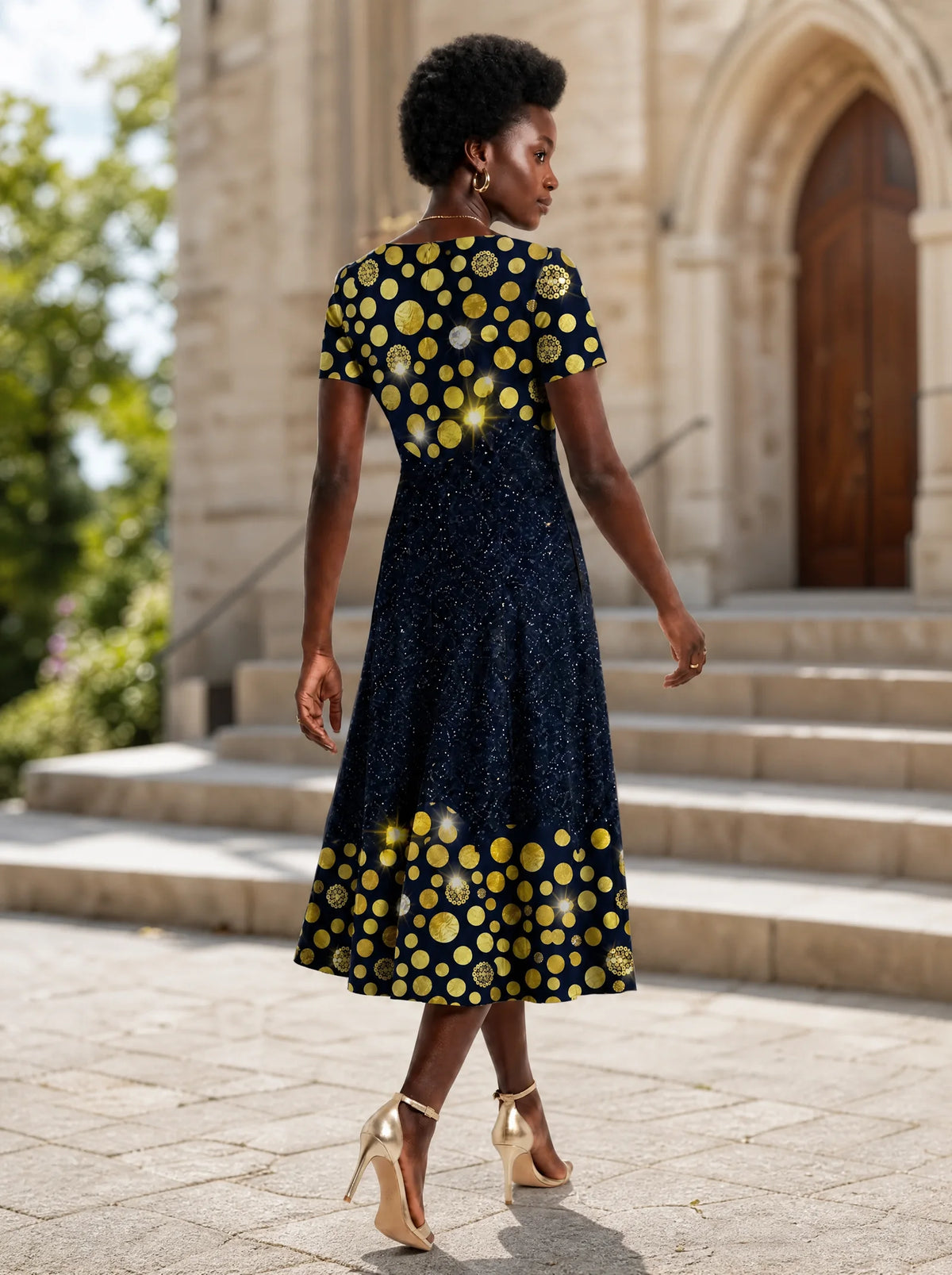 "Zawadi" Sweetheart Midi Dress — back view on model in the churchyard