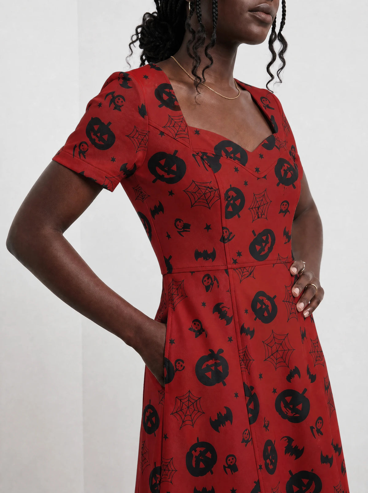 "Zimwi" Halloween Sweetheart Midi Dress — close-up of the bodice and the in-seam side pocket