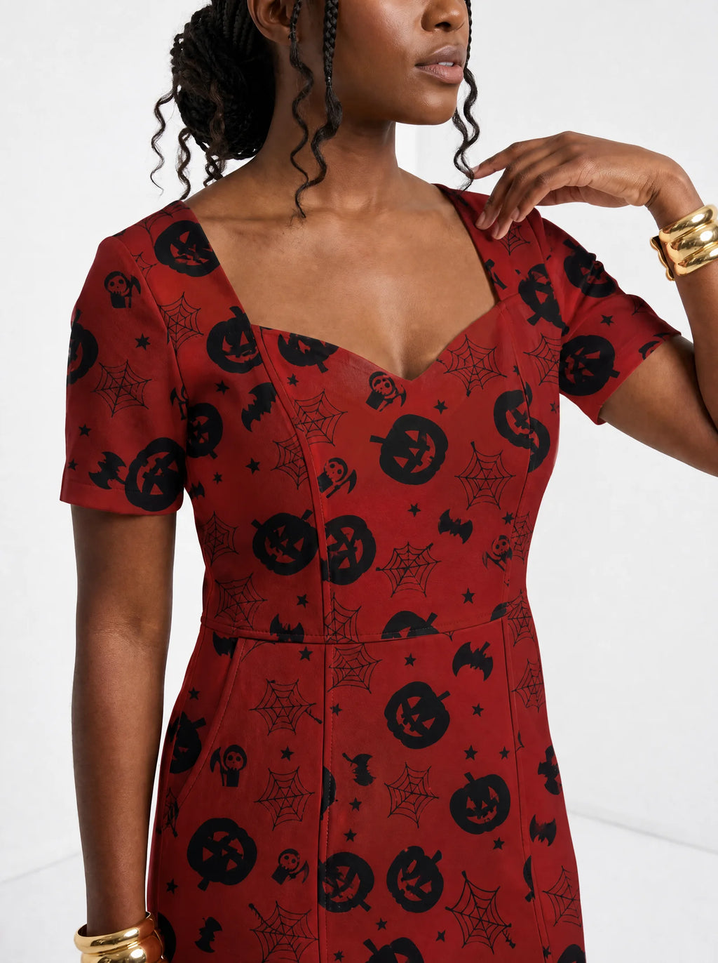 "Zimwi" Halloween Sweetheart Midi Dress — close-up of the sweetheart neckline and short sleeve