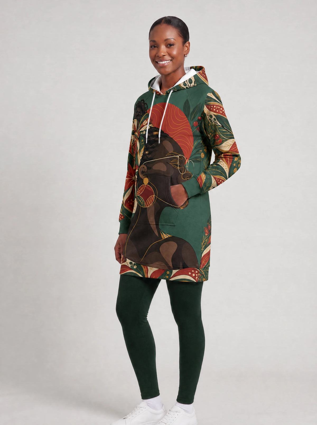 "Zuhura" Hoodie Dress — front view on model, styled with the matching leggings