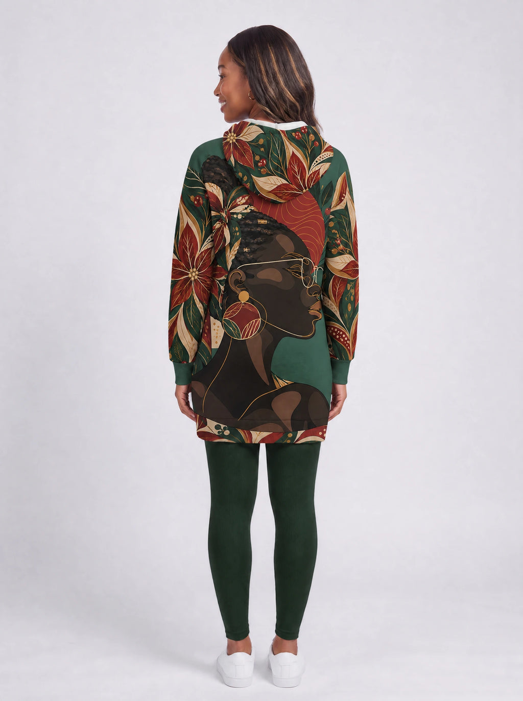 "Zuhura" Hoodie Dress — back view on model, styled with the matching leggings