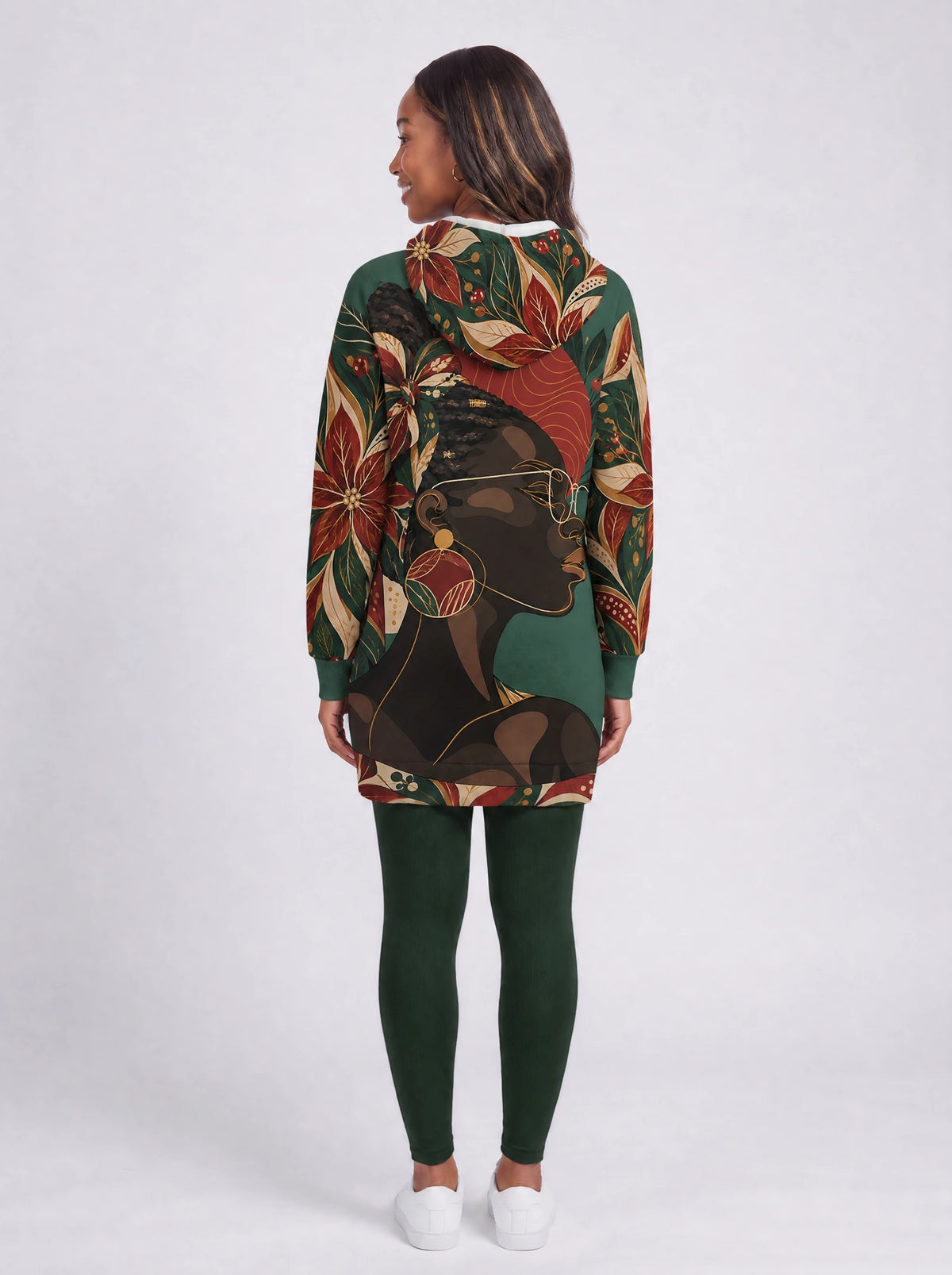 "Zuhura" Hoodie Dress — back view on model, styled with the matching leggings