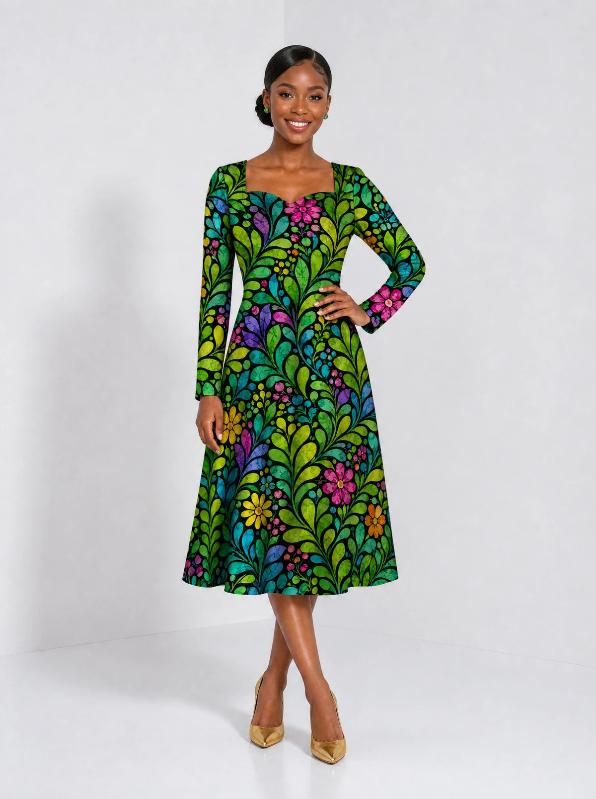 "Zumaridi" Long Sleeve Sweetheart Midi Dress — front view on model