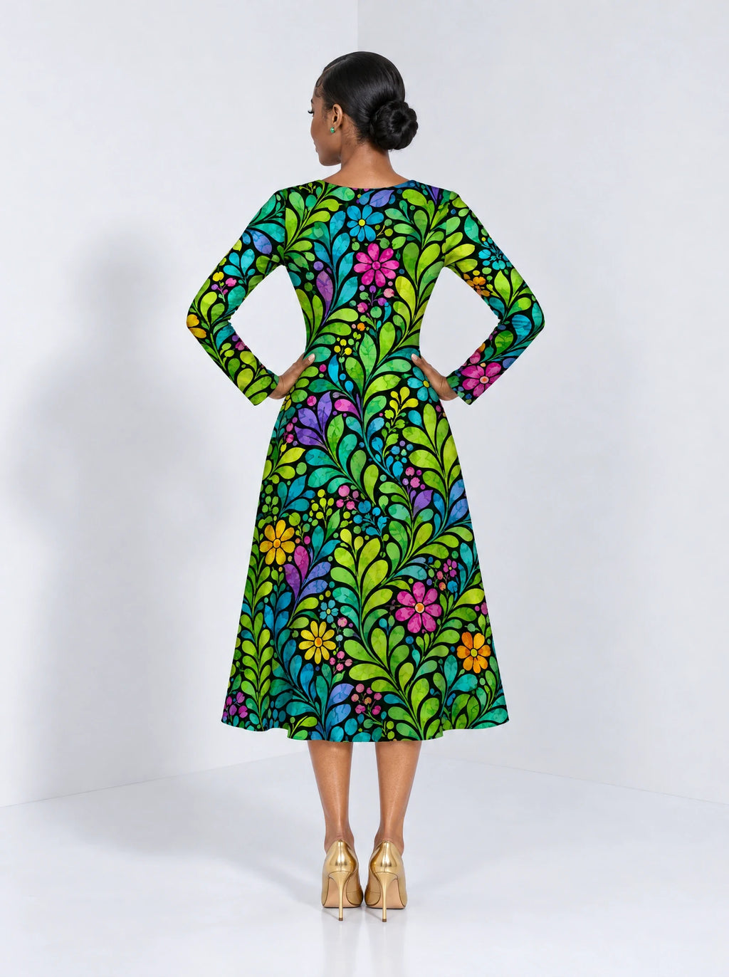 "Zumaridi" Long Sleeve Sweetheart Midi Dress — back view on model