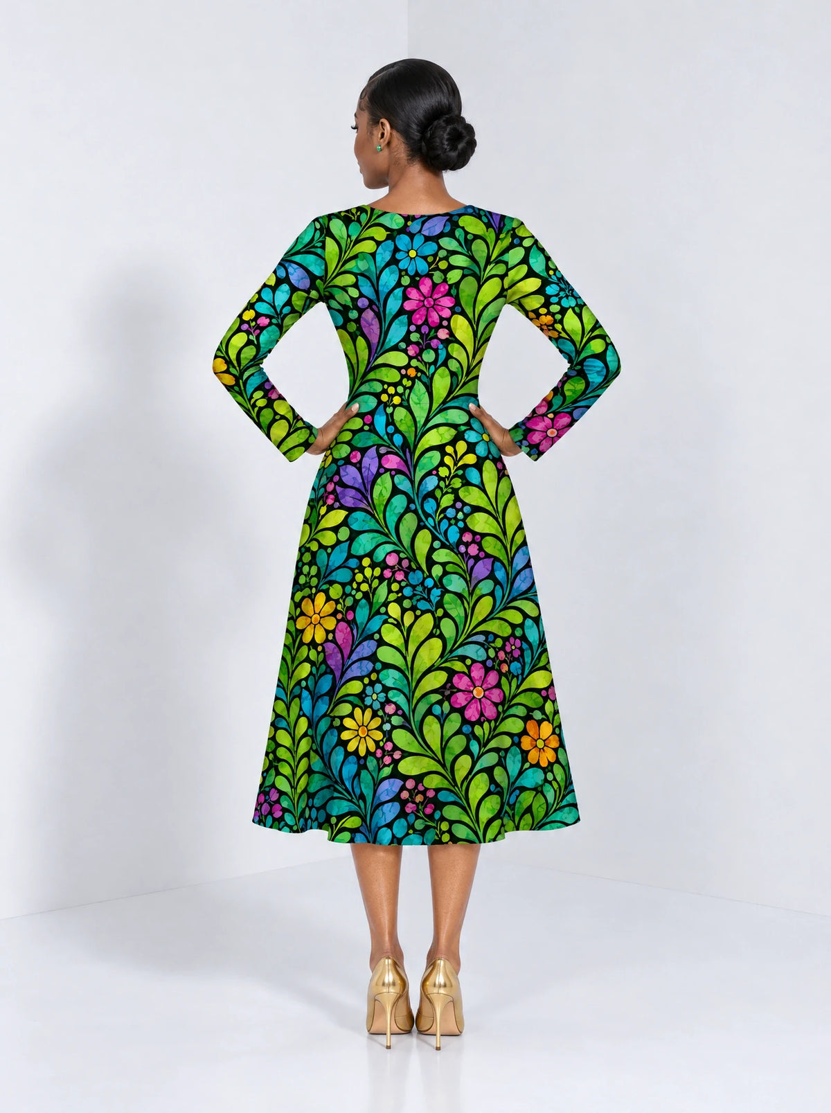 "Zumaridi" Long Sleeve Sweetheart Midi Dress — back view on model