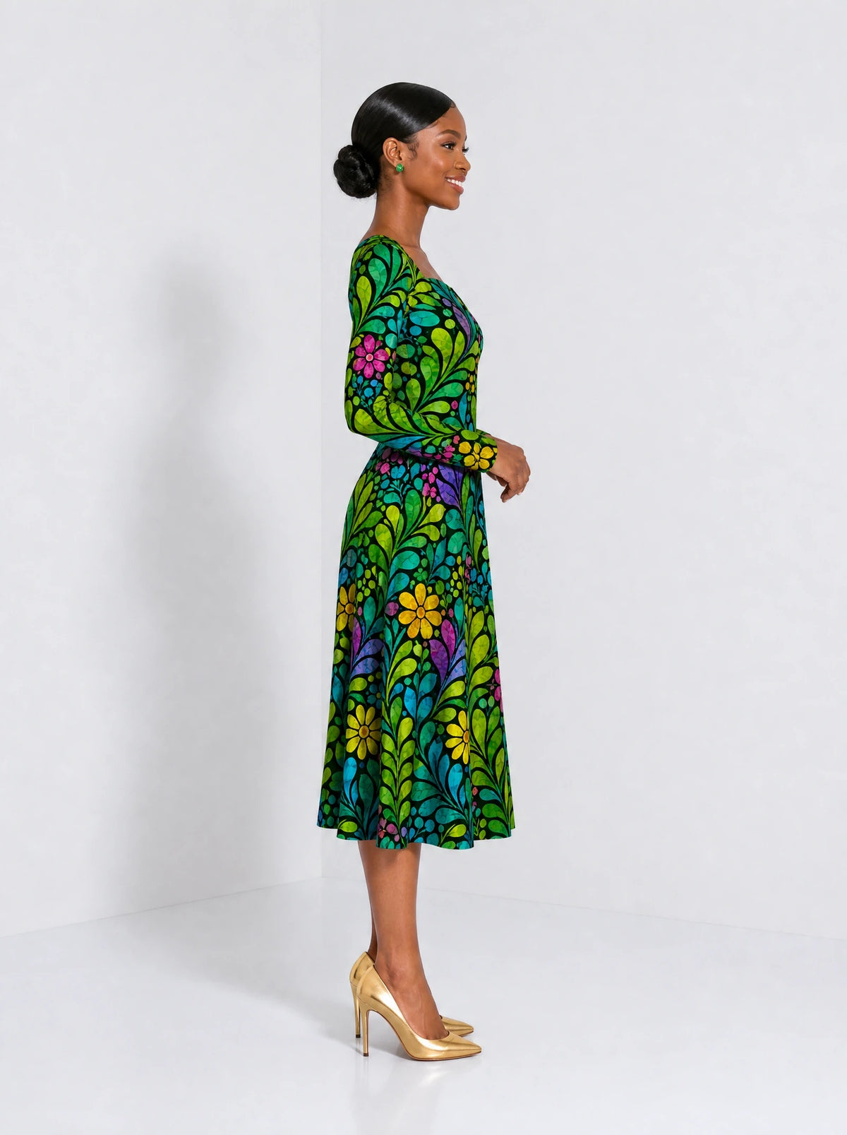 "Zumaridi" Long Sleeve Sweetheart Midi Dress — side view on model