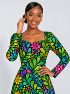 "Zumaridi" Long Sleeve Sweetheart Midi Dress — print close-up on model