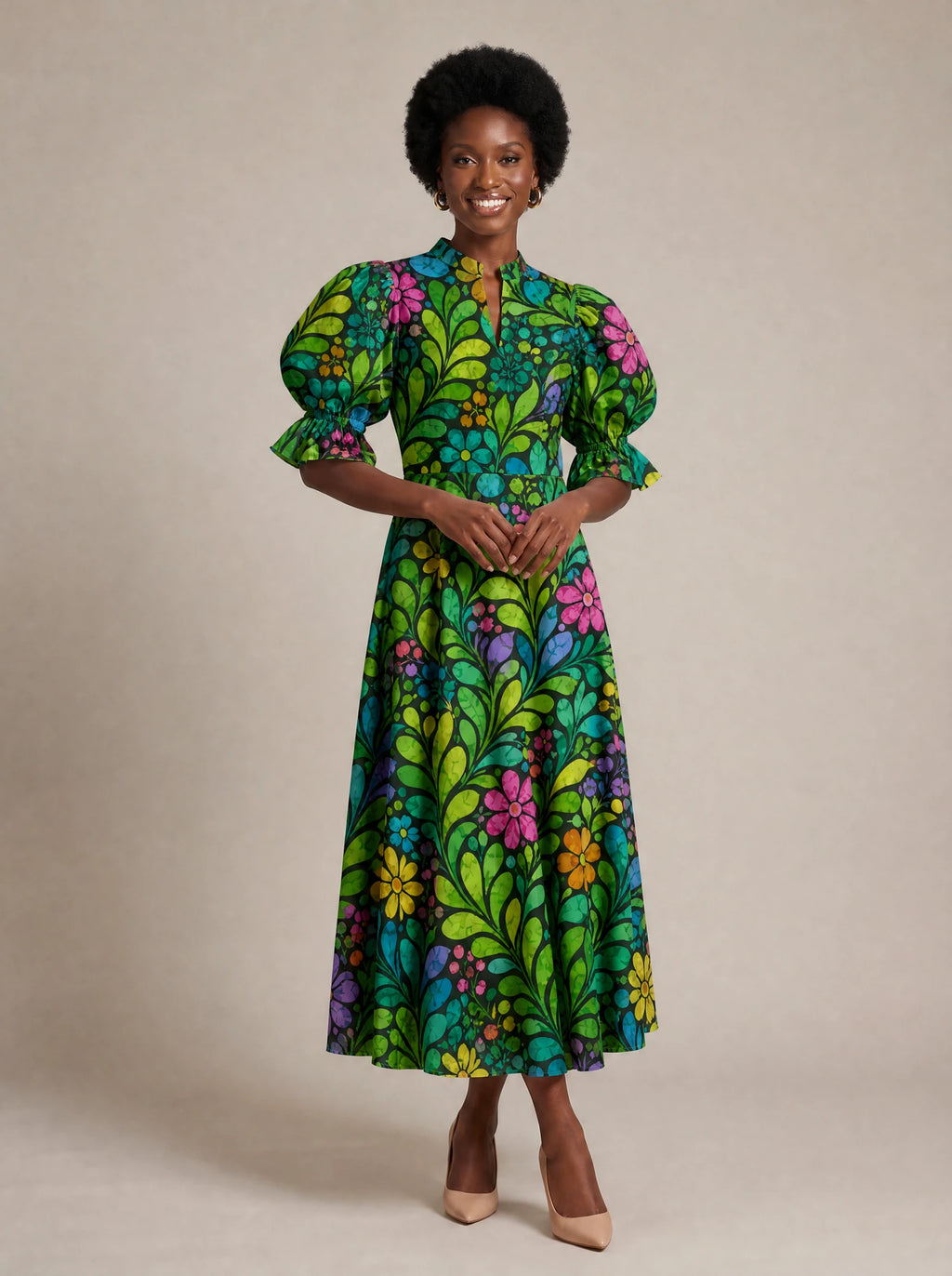"Zumaridi" Puff Sleeve Dress — walking, three-quarter view on model