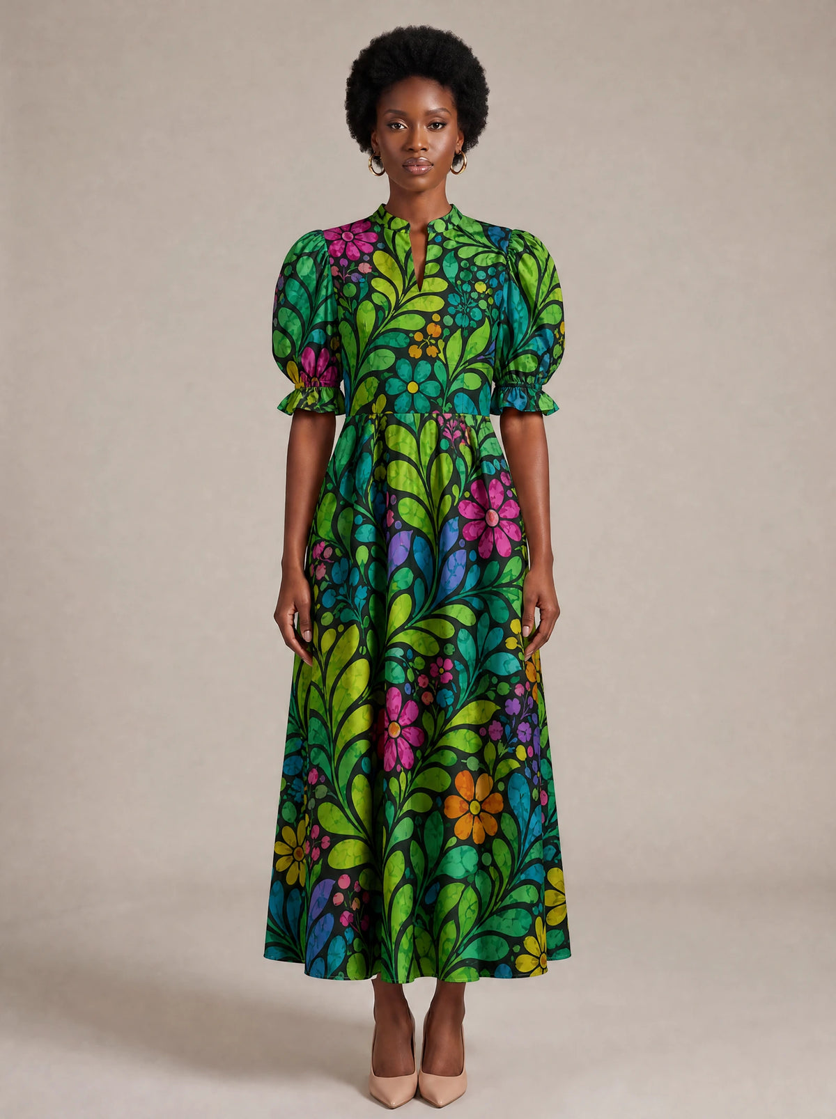 "Zumaridi" Puff Sleeve Dress — standing, angled view on model