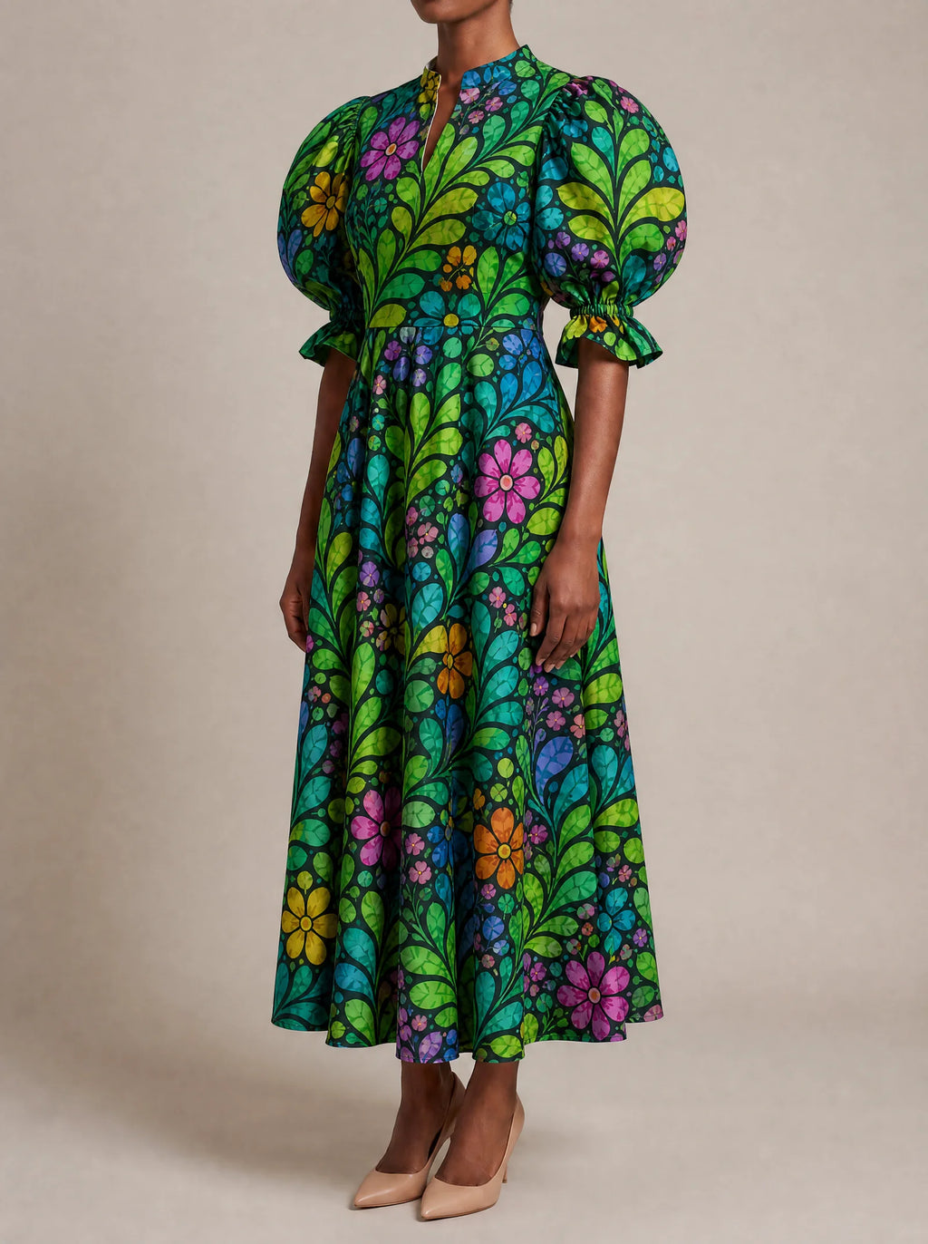 "Zumaridi" Puff Sleeve Dress — three-quarter view on model