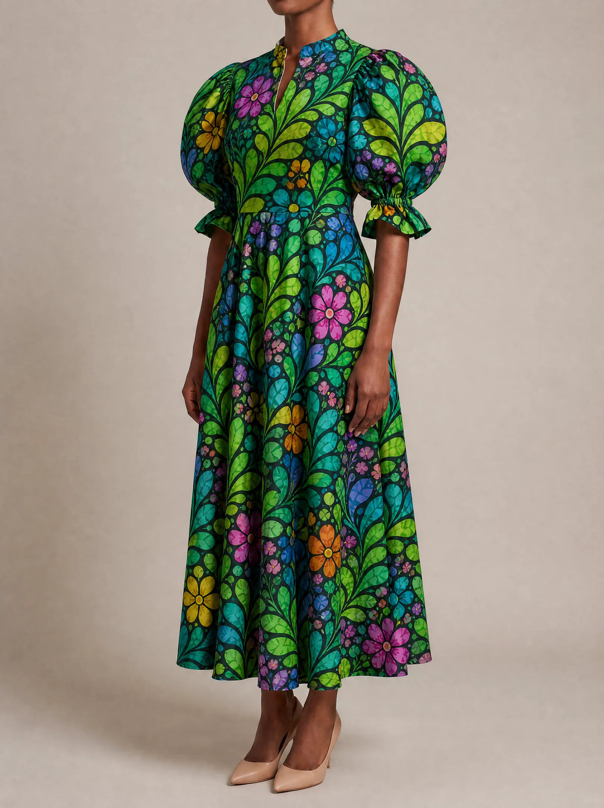 "Zumaridi" Puff Sleeve Dress — three-quarter view on model