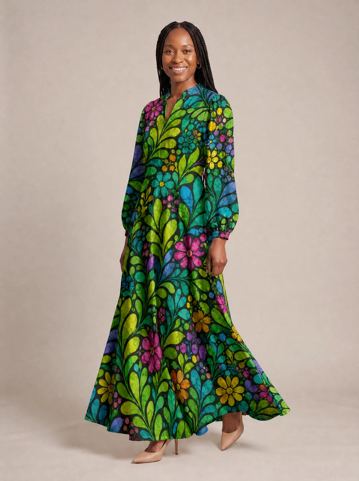 "Zumaridi" Puff Sleeve Maxi Dress — walking, three-quarter view on model