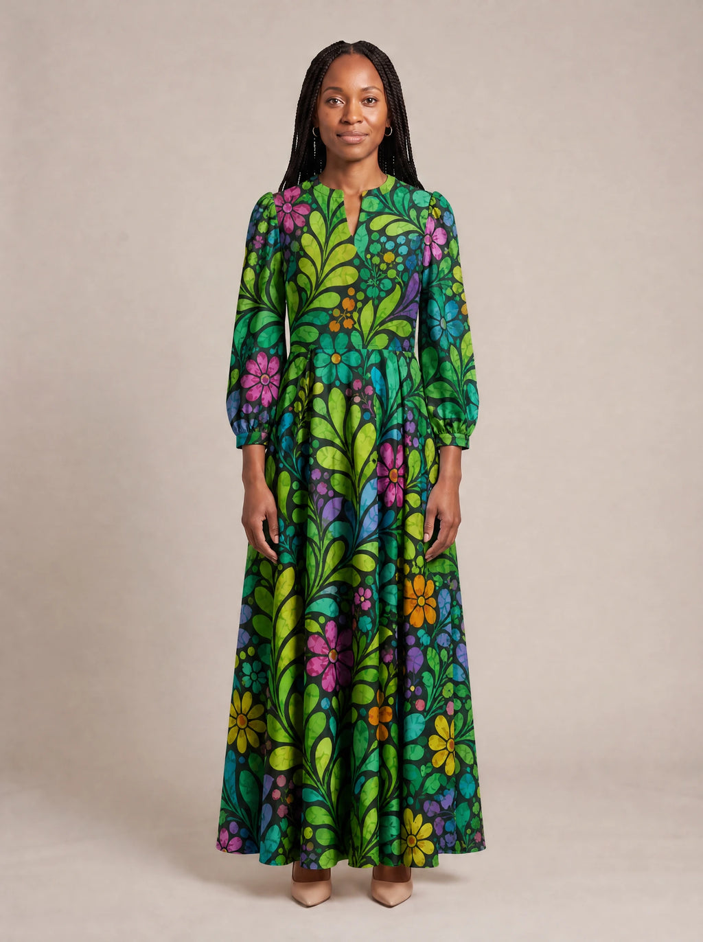 "Zumaridi" Puff Sleeve Maxi Dress — standing, angled view on model