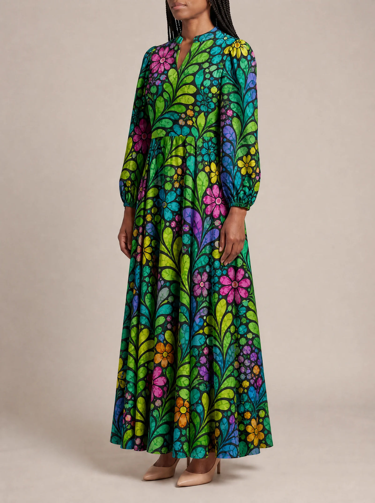 "Zumaridi" Puff Sleeve Maxi Dress — three-quarter view on model