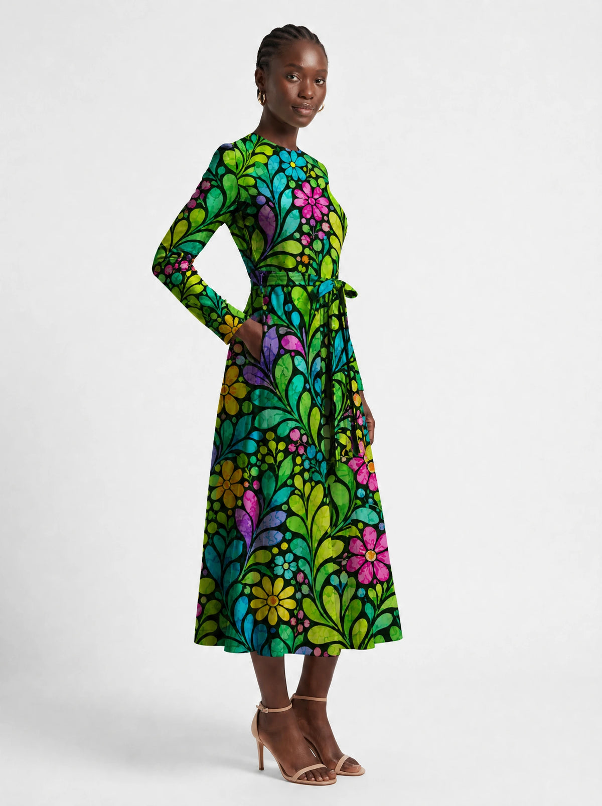 "Zumaridi" Long Sleeve Midaxi Dress — three-quarter view on model, hand in the side pocket