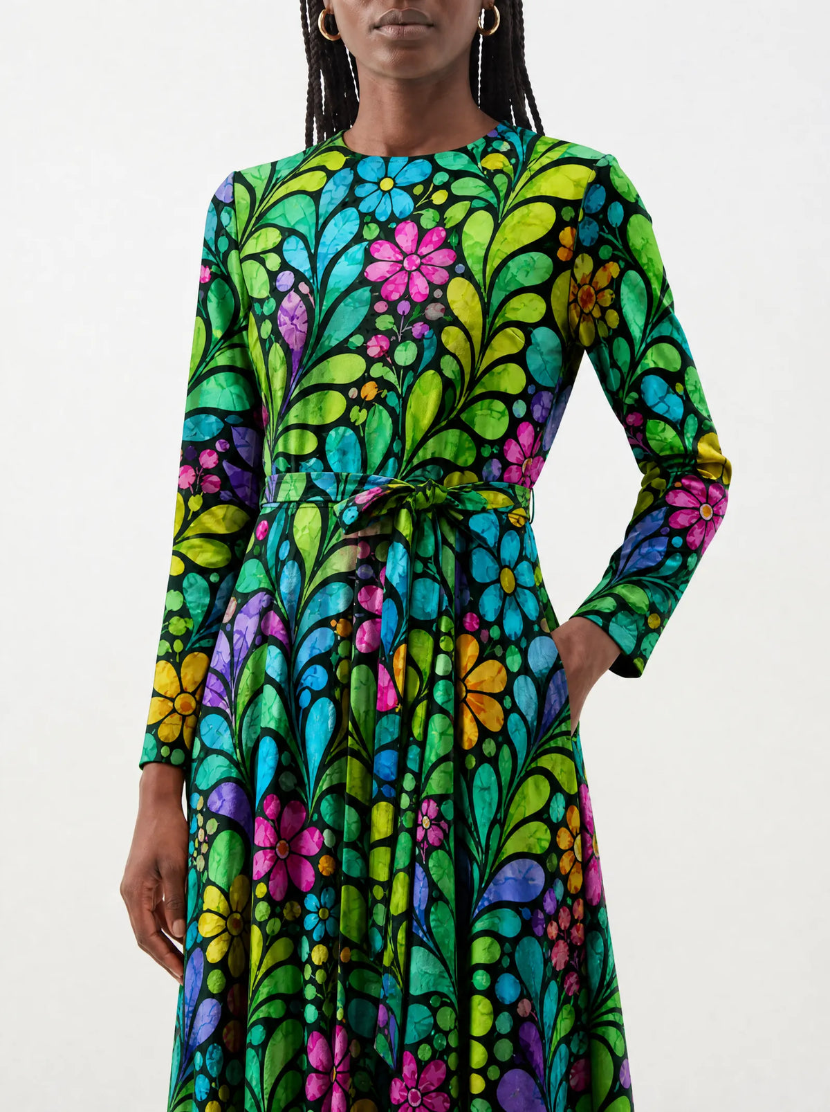 "Zumaridi" Long Sleeve Midaxi Dress — close-up of the tie sash and the in-seam side pocket