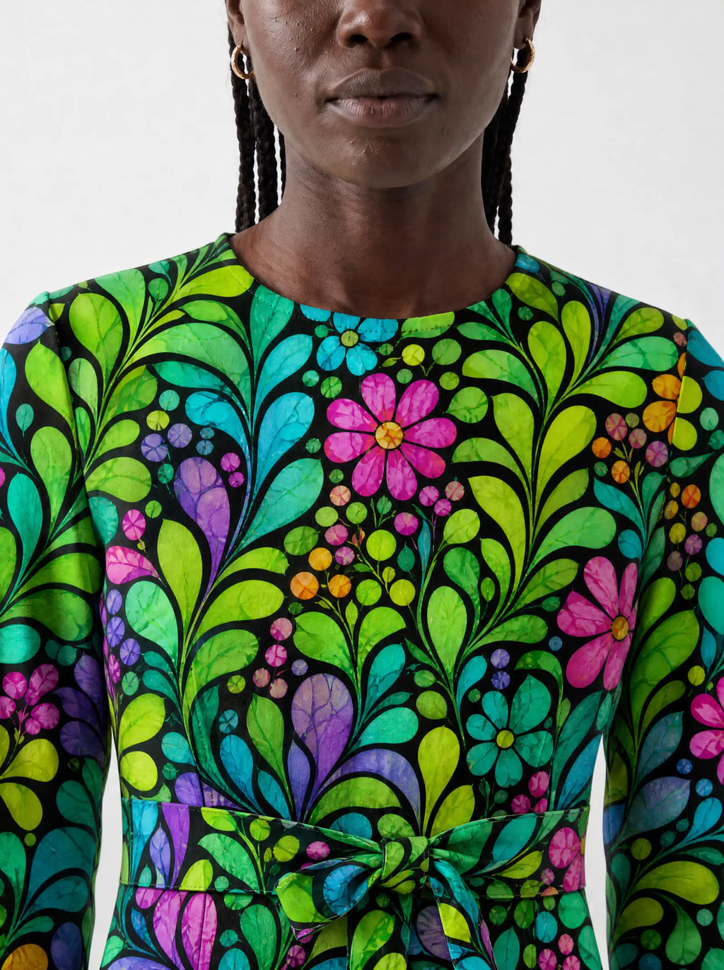 "Zumaridi" Long Sleeve Midaxi Dress — close-up of the round neckline and long sleeve