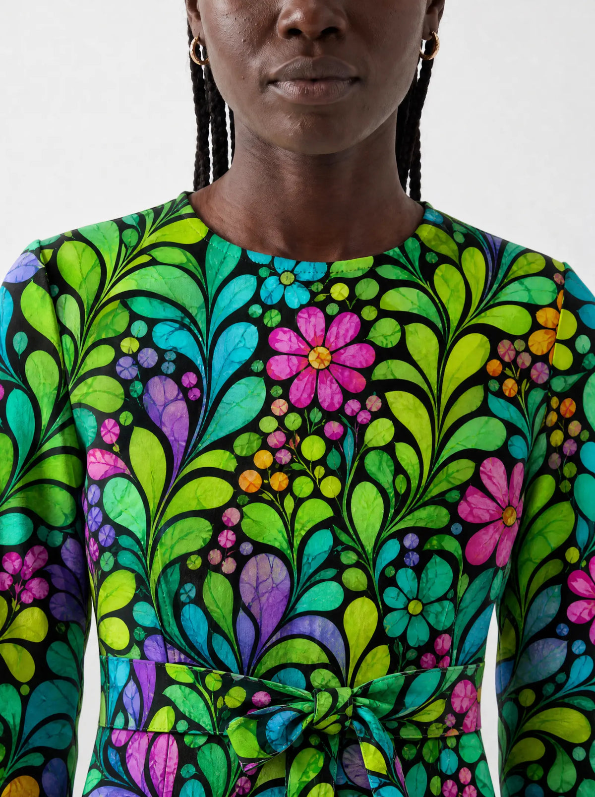 "Zumaridi" Long Sleeve Midaxi Dress — close-up of the round neckline and long sleeve