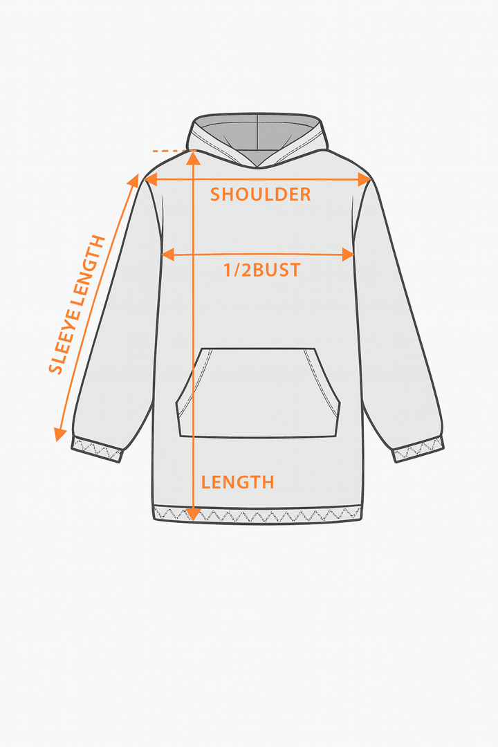 How to measure the hoodie dress: shoulder, 1/2 bust, sleeve length, length