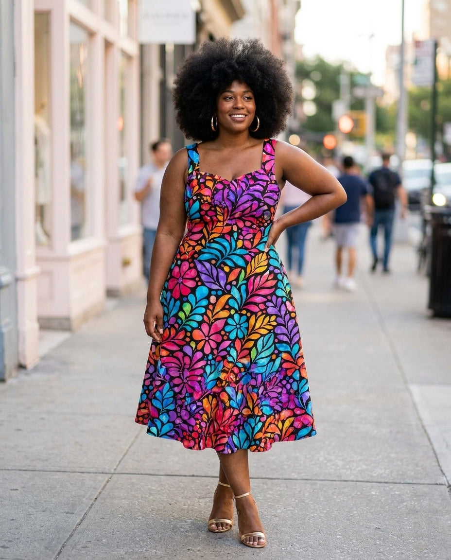 Model with a natural afro wearing the Rangi Corset Dress in a rainbow stained-glass floral print, fitted sweetheart corset bodice and midi skirt, on a city street