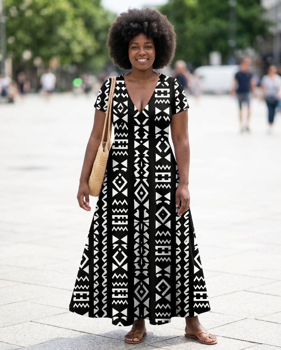 Model with a natural afro wearing the Kuba Short Sleeve Maxi Dress in a black-and-white geometric print, breezy ankle-length silhouette, in a plaza